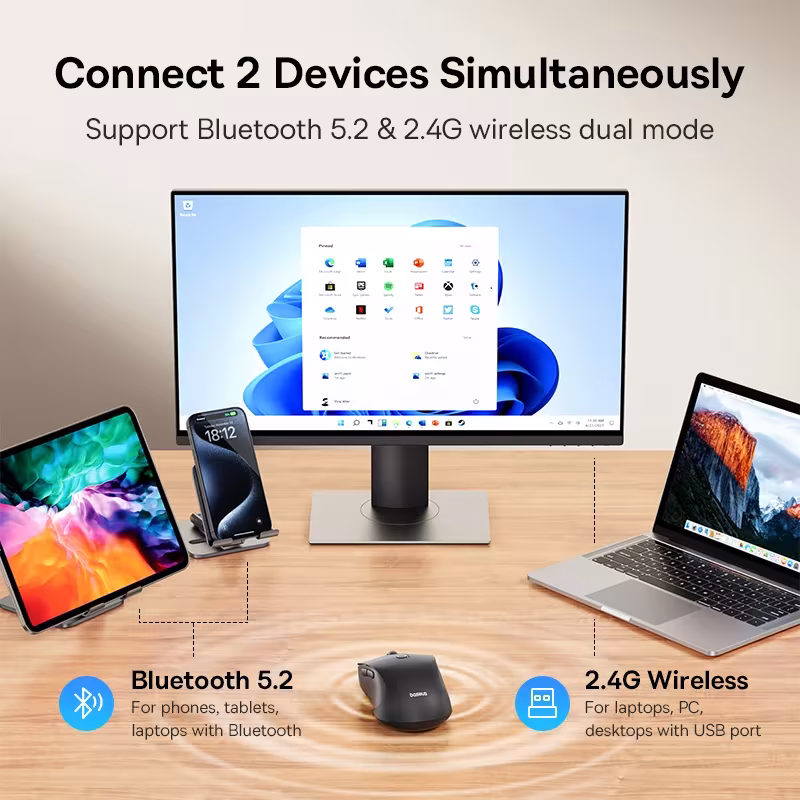 Baseus FO2 Ergonomic Wireless Mouse 4000DPI Bluetooth 5.2 & 2.4G Dual Mode Type-C Charging Baseus FO2 Ergonomic Wireless Mouse 4000DPI Bluetooth 5.2 & 2.4G Dual Mode Type-C Charging - Image 3