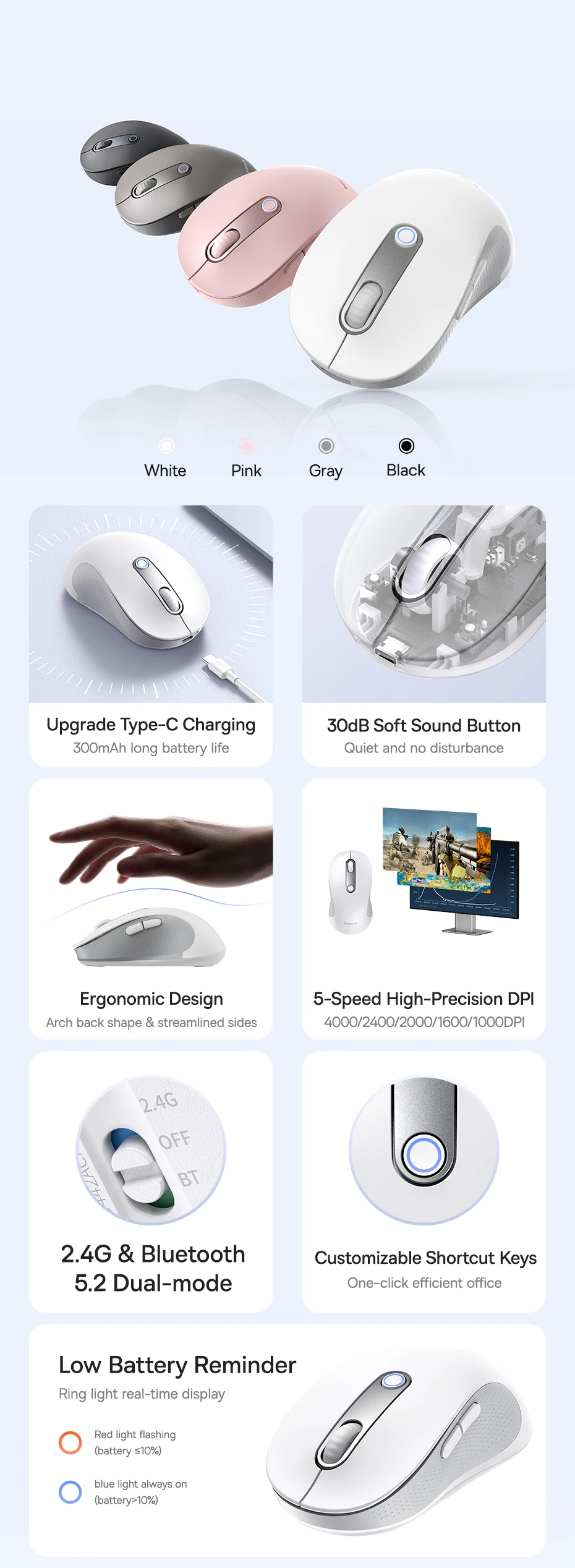 【New Upgrade】Baseus Rechargeable Wireless Mouse Type-C Charging Bluetooth 5.2 4000 DPI Computer Laptop Mute Mice Ergonomic Mouse