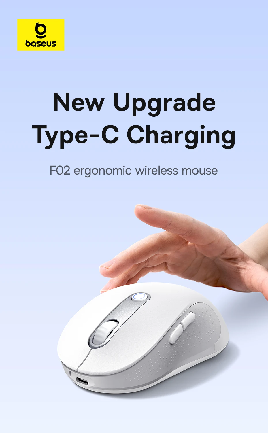 【New Upgrade】Baseus Rechargeable Wireless Mouse Type-C Charging Bluetooth 5.2 4000 DPI Computer Laptop Mute Mice Ergonomic Mouse