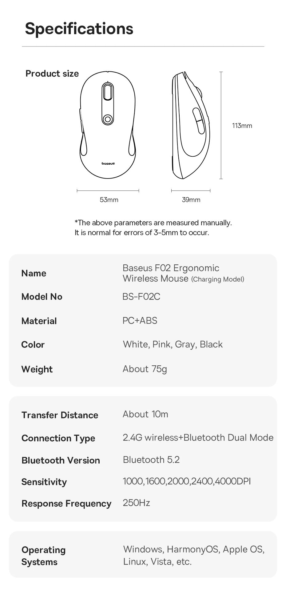【New Upgrade】Baseus Rechargeable Wireless Mouse Type-C Charging Bluetooth 5.2 4000 DPI Computer Laptop Mute Mice Ergonomic Mouse