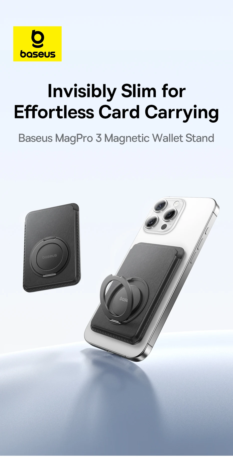 Baseus Magnetic Wallet Stand for iPhone 16 15 14 13 12 Pro Max MagSafe Phone Case 3-Cards Slot PU Leather Sleek Thin Holder Case