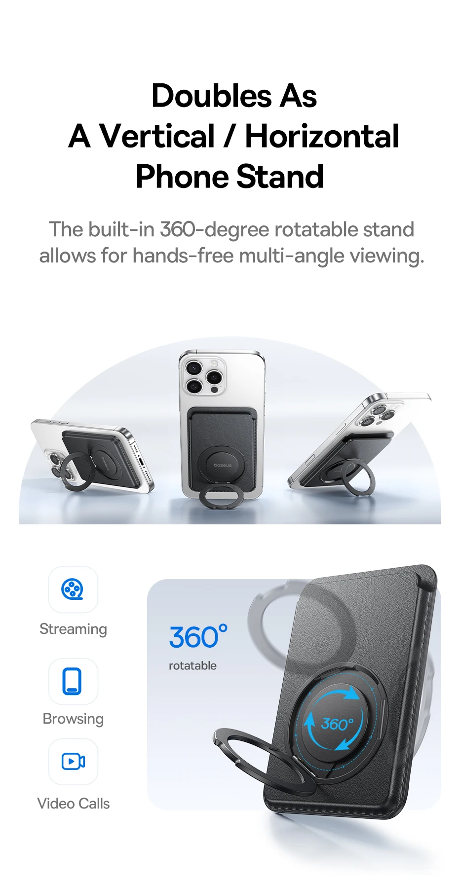 Baseus Magnetic Wallet Stand for iPhone 16 15 14 13 12 Pro Max MagSafe Phone Case 3-Cards Slot PU Leather Sleek Thin Holder Case