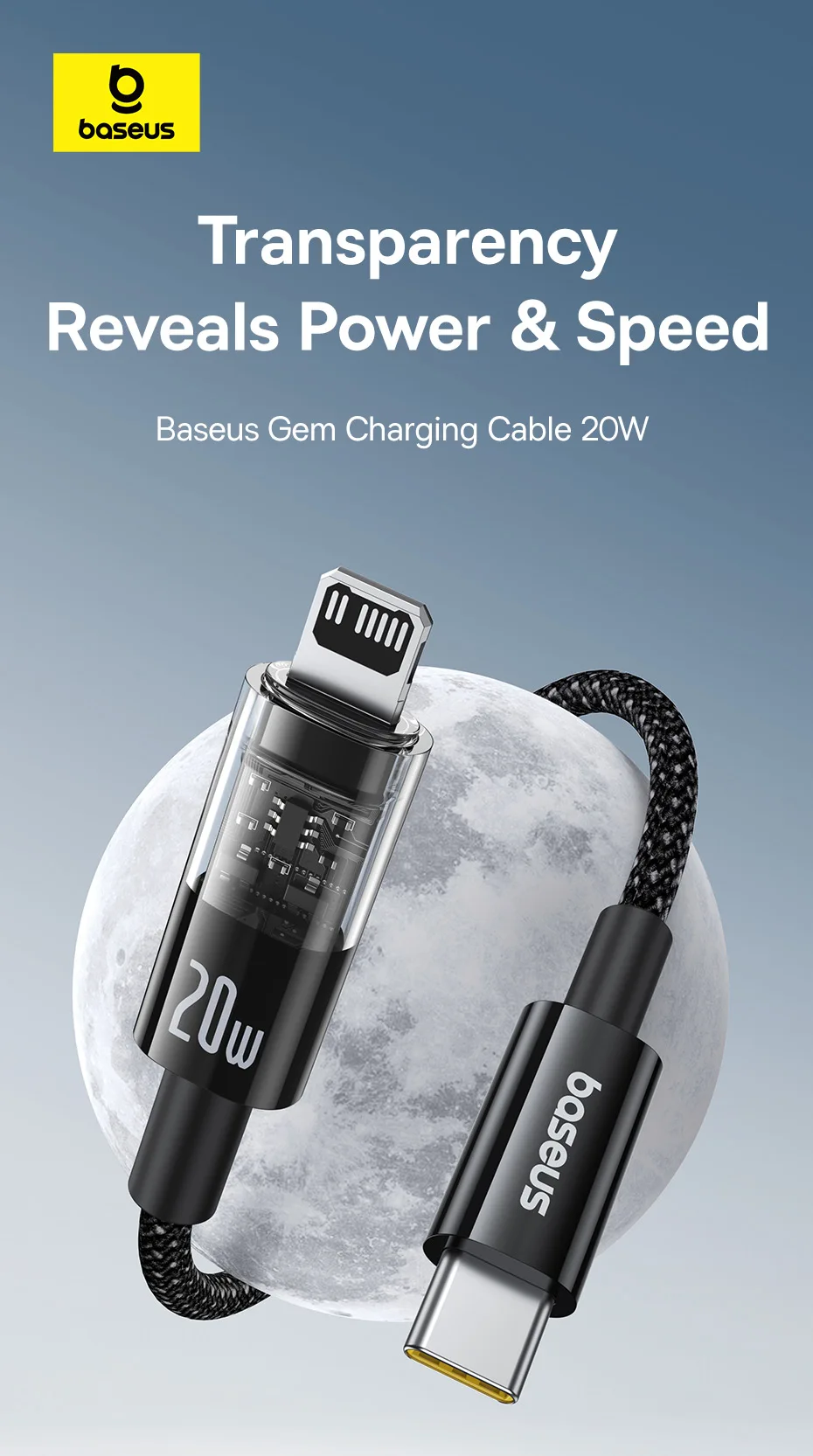 Baseus Transparent USB C Cable 20W For iPhone 14 13 12 11 Pro Max LED Type C PD 3.0 Fast Charging Cable USB-C Wire Cord for iPad