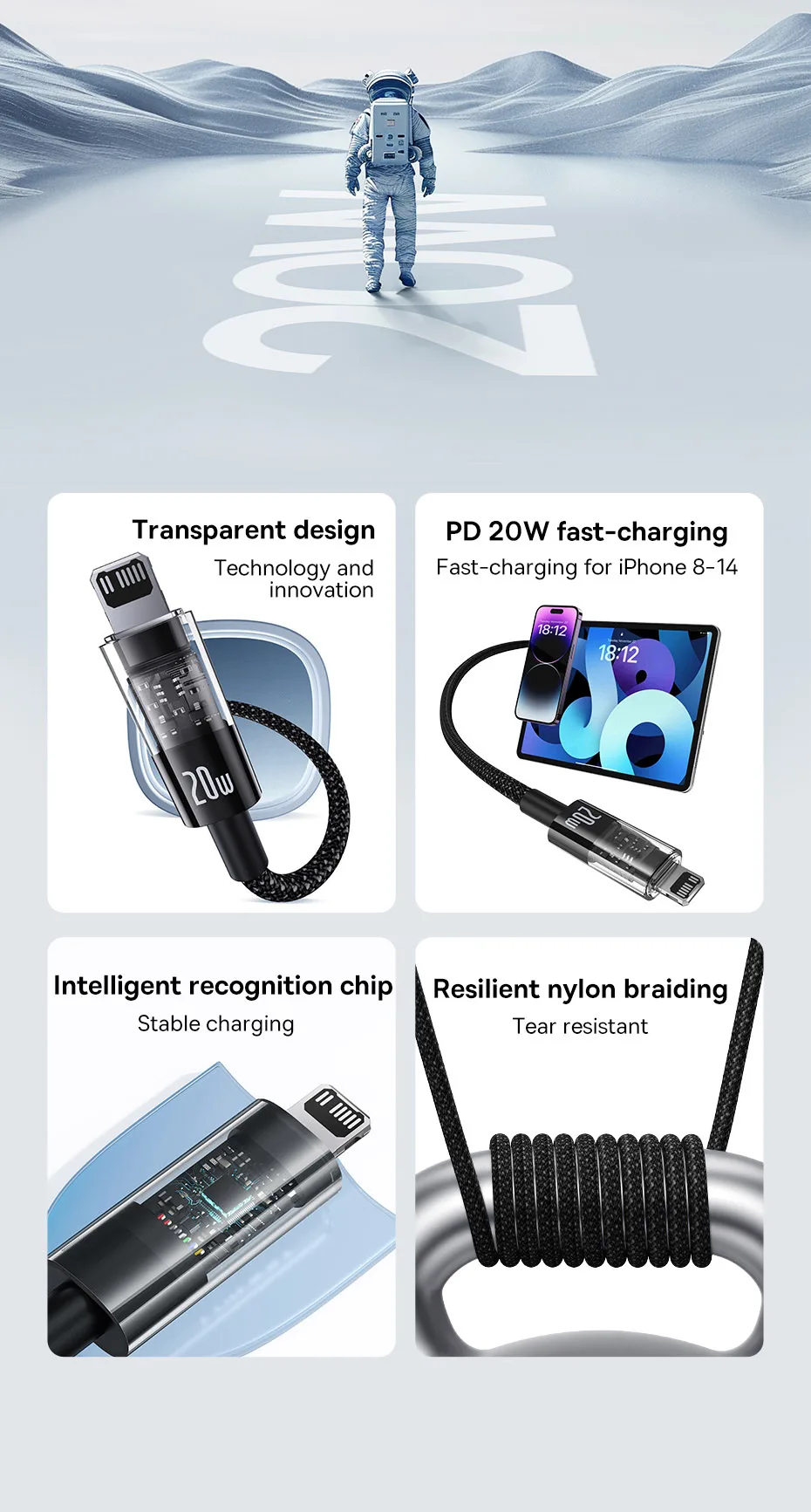 Baseus Transparent USB C Cable 20W For iPhone 14 13 12 11 Pro Max LED Type C PD 3.0 Fast Charging Cable USB-C Wire Cord for iPad