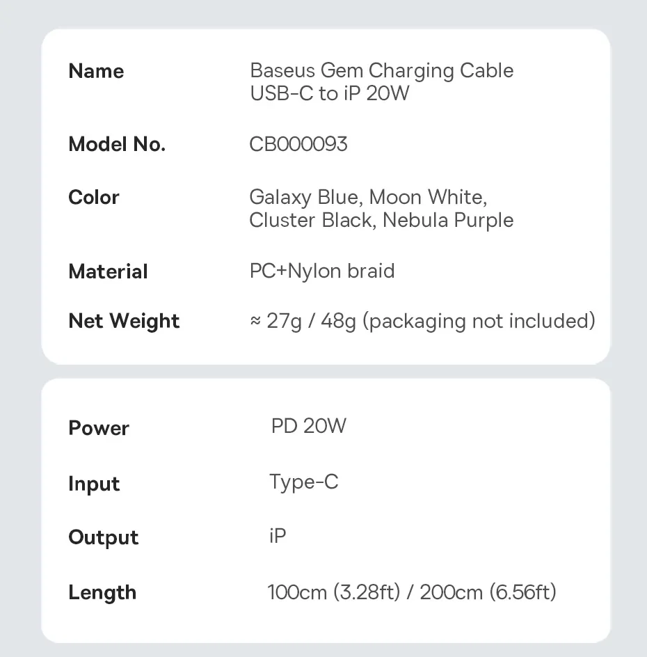 Baseus Transparent USB C Cable 20W For iPhone 14 13 12 11 Pro Max LED Type C PD 3.0 Fast Charging Cable USB-C Wire Cord for iPad