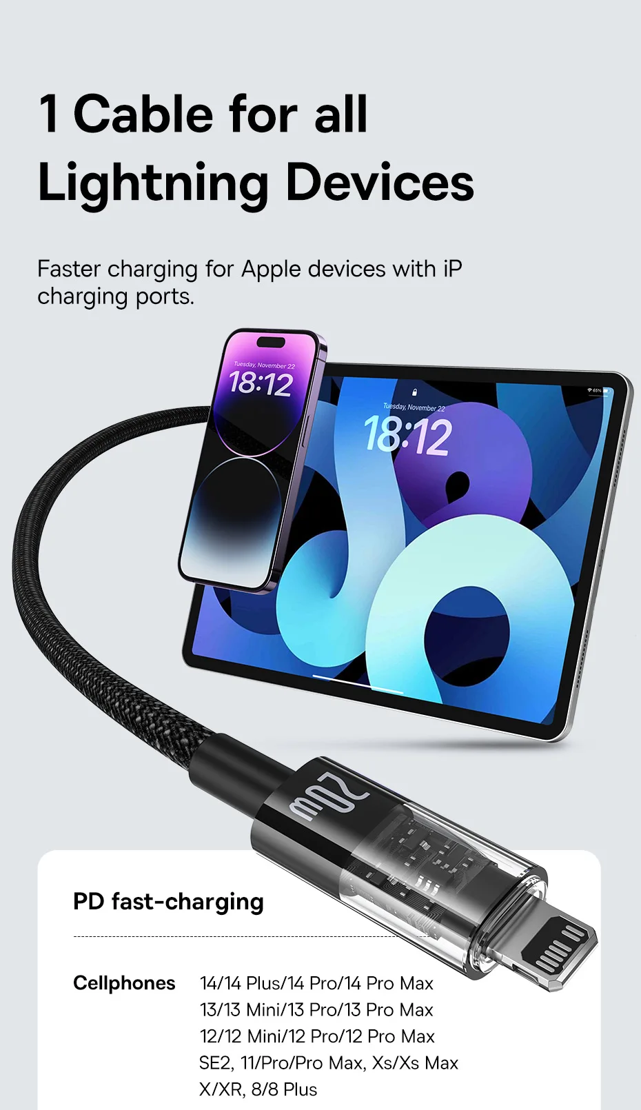Baseus Transparent USB C Cable 20W For iPhone 14 13 12 11 Pro Max LED Type C PD 3.0 Fast Charging Cable USB-C Wire Cord for iPad