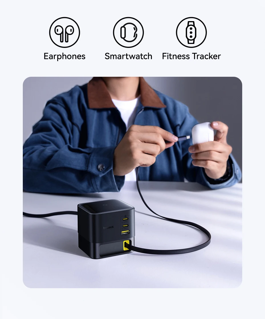 Baseus 100W Desktop Charger For Tablet Laptop Fast Charger Retractable USB C Phone Charger For iPhone 17 16 Samsung Macbook GaN