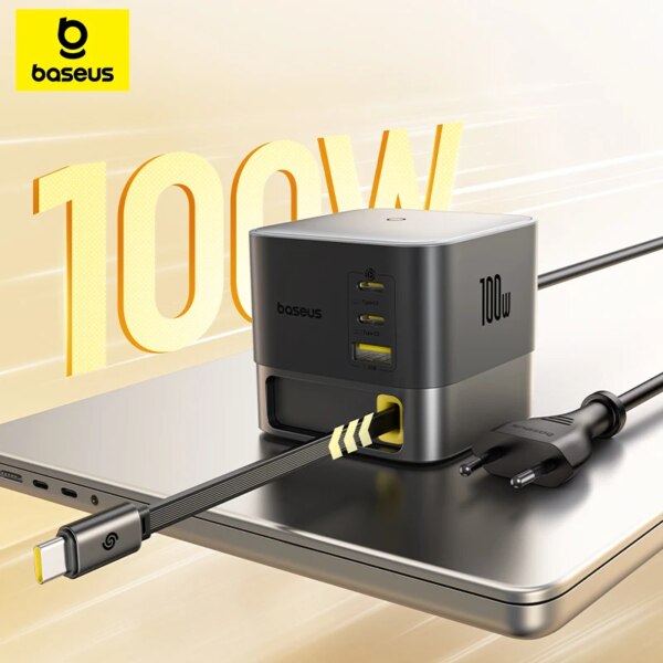 Baseus SuperGaN 100W Desktop Charger with Retractable Cable 4-Port 3C+U