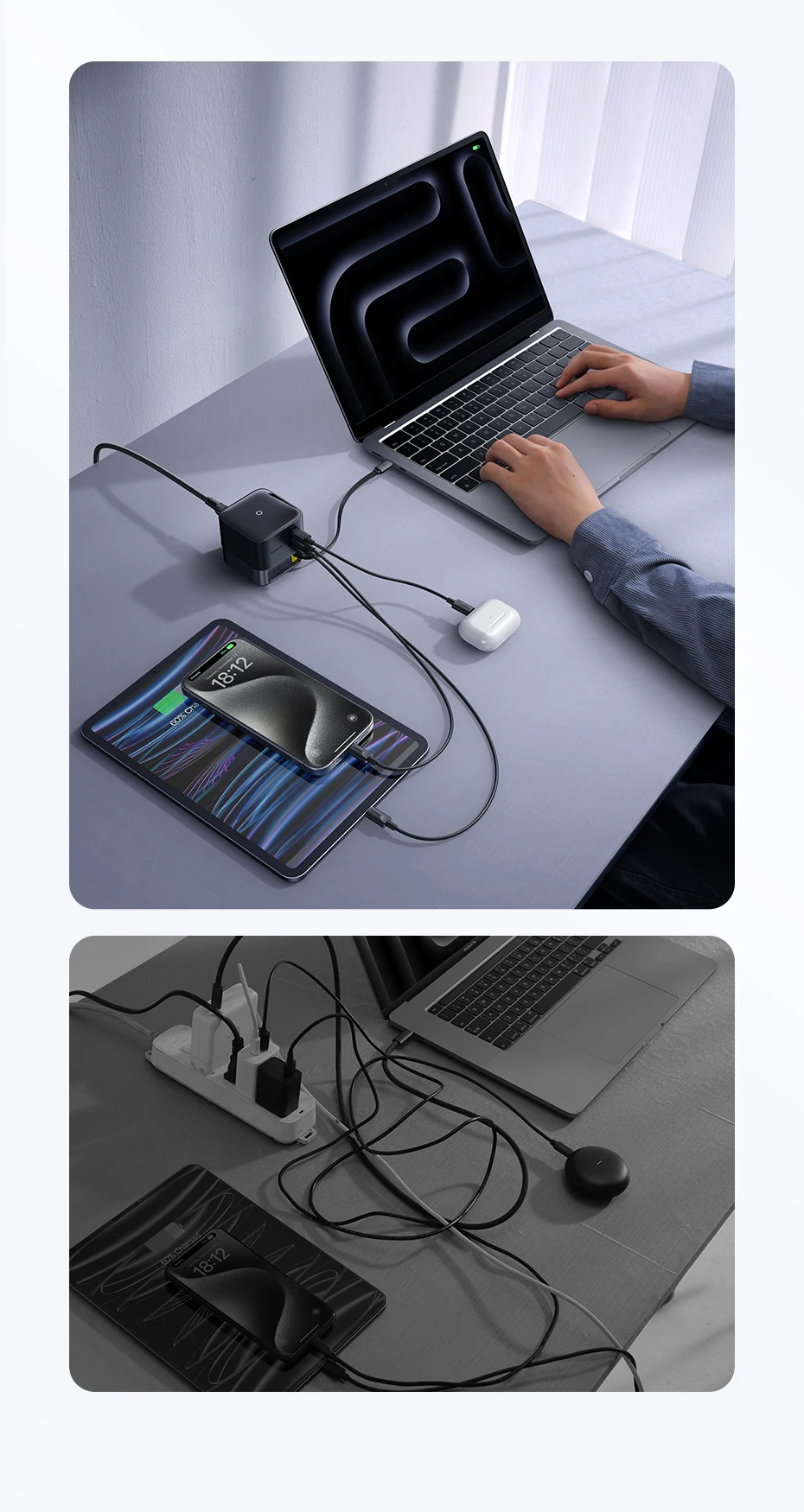 Baseus 100W Desktop Charger For Tablet Laptop Fast Charger Retractable USB C Phone Charger For iPhone 17 16 Samsung Macbook GaN
