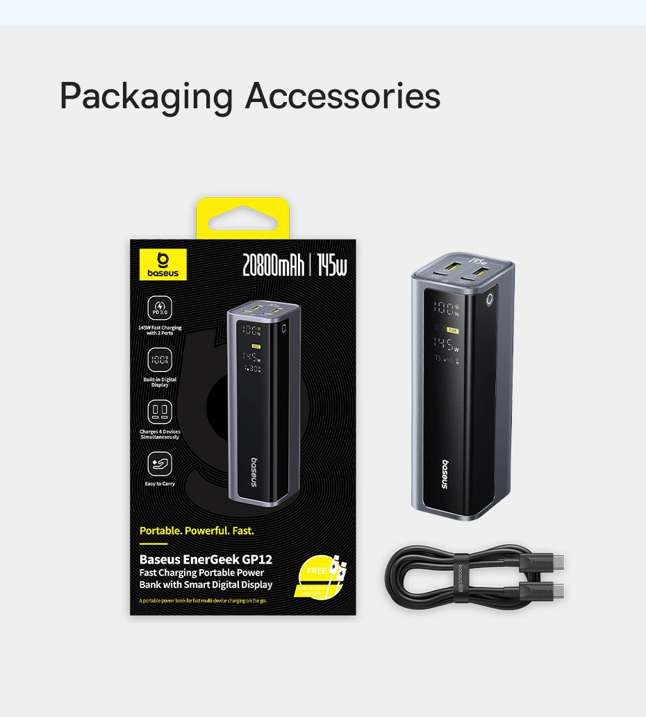 Baseus PD 145W 20800mAh Power Bank Fast Charge Portable External Battery PowerBank for iPhone 16 Samsung S25 Ultra Macbook iPad
