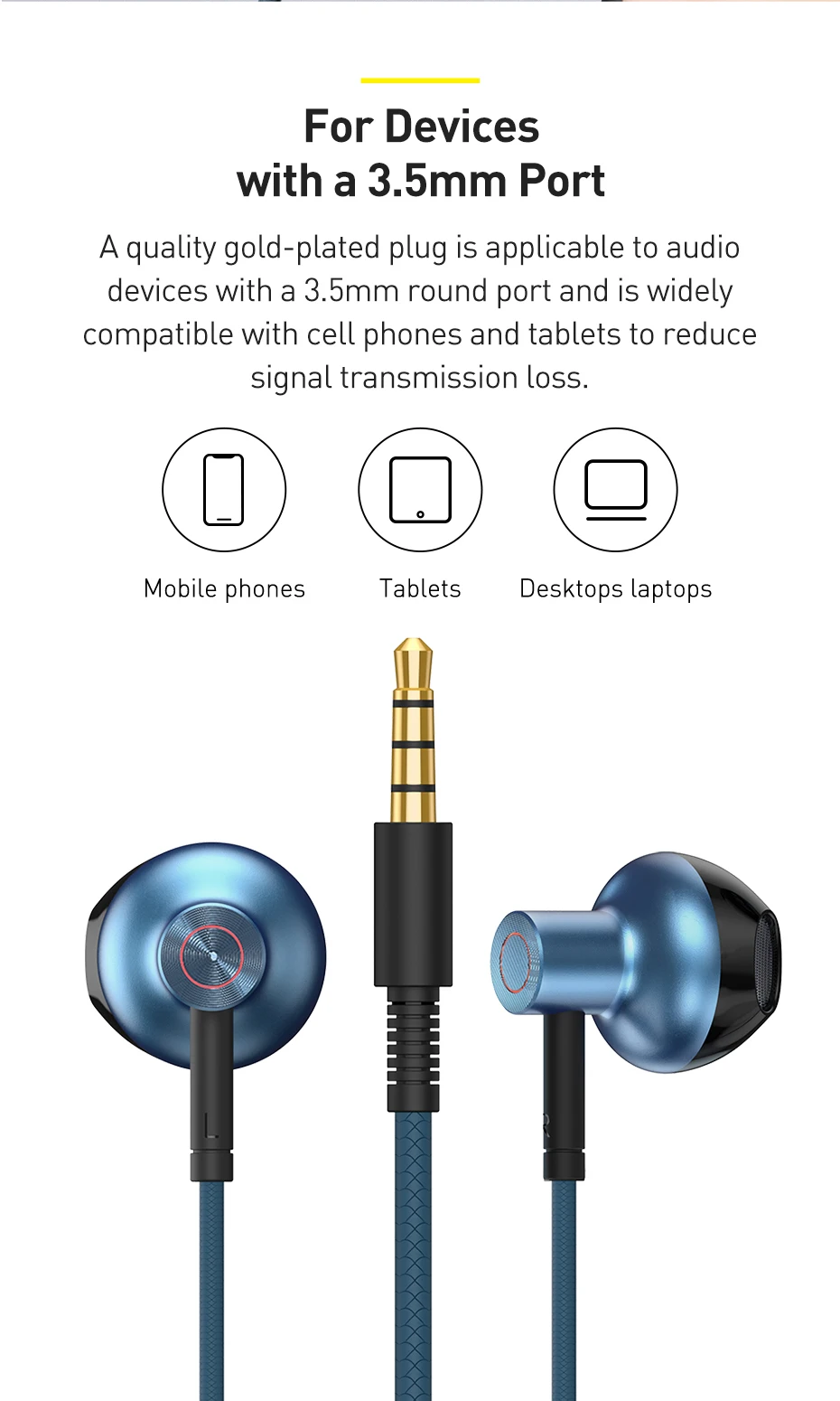 Baseus H19 Wired Earphones 6D Stereo Bass Headphone In-Ear 3.5mm Headset with MIC for Xiaomi Samsung Phones