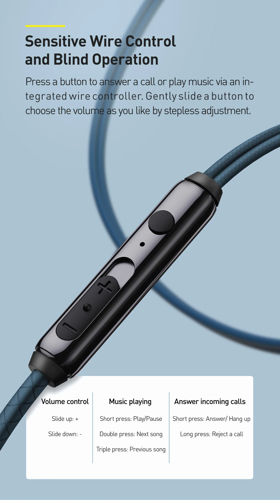 Baseus H19 Wired Earphones 6D Stereo Bass Headphone In-Ear 3.5mm Headset with MIC for Xiaomi Samsung Phones