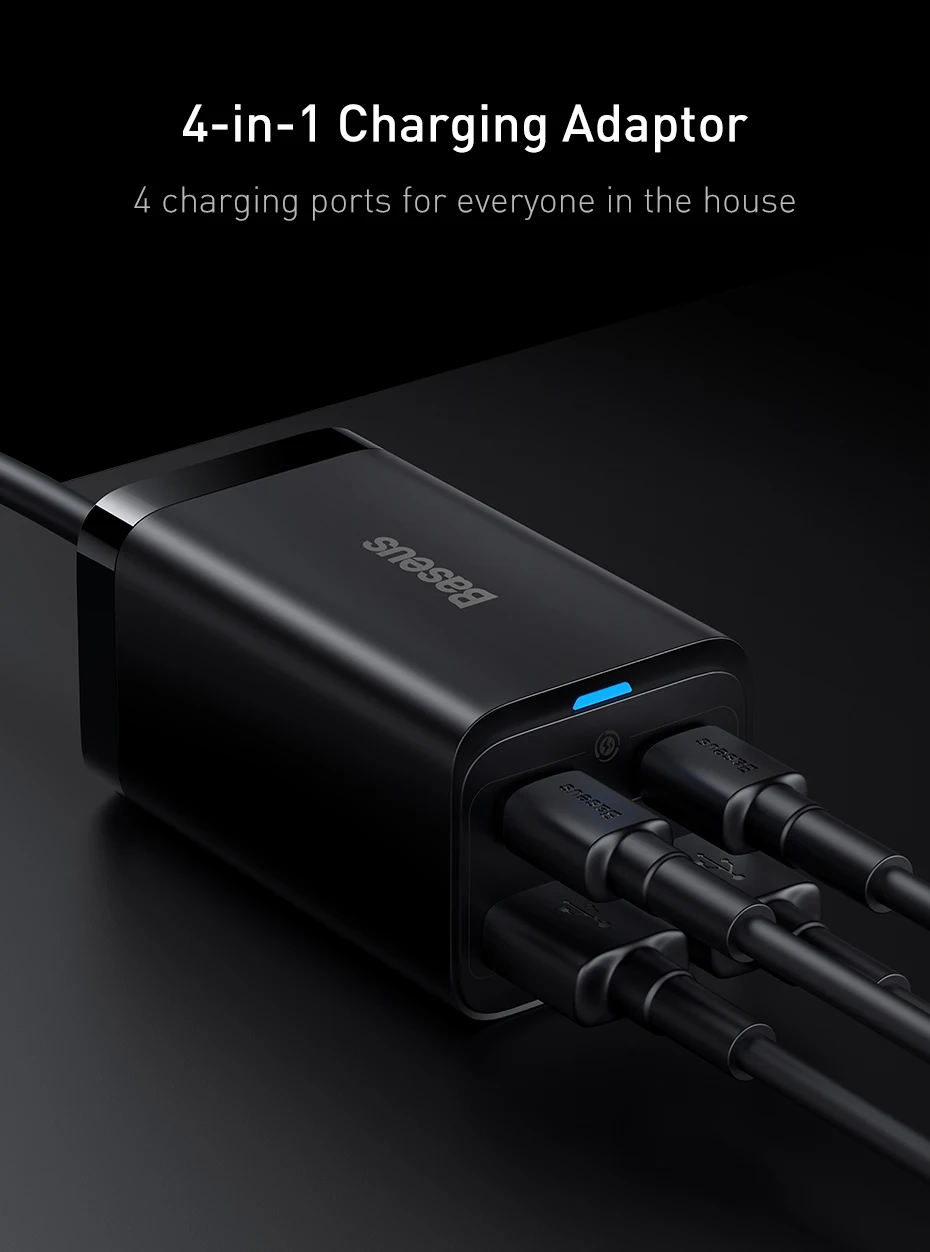 Baseus 4-in-1 65W Desktop Charger For Laptop Tablet Fast Charger For Samsung S24 Xiaomi Redmi iPhone Phone Charger GaN Charger