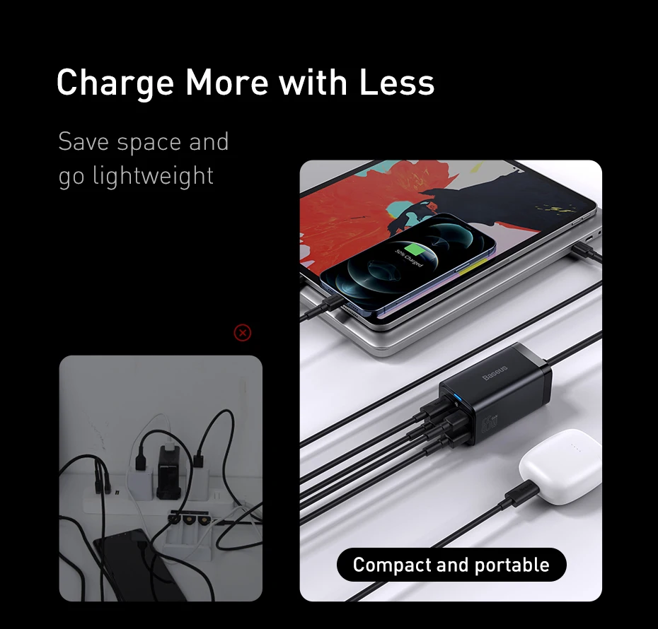 Baseus 4-in-1 65W Desktop Charger For Laptop Tablet Fast Charger For Samsung S24 Xiaomi Redmi iPhone Phone Charger GaN Charger