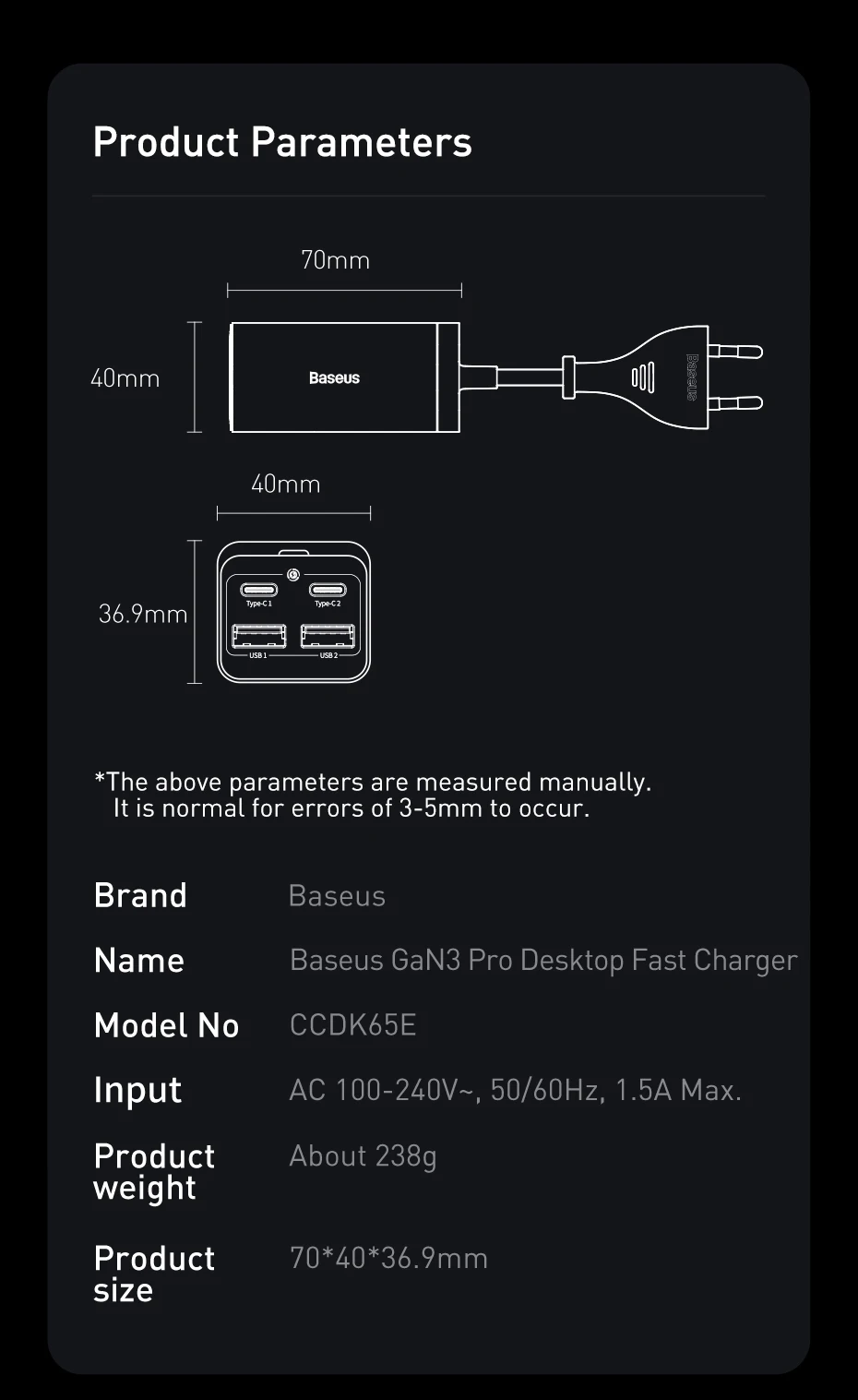 Baseus 4-in-1 65W Desktop Charger For Laptop Tablet Fast Charger For Samsung S24 Xiaomi Redmi iPhone Phone Charger GaN Charger