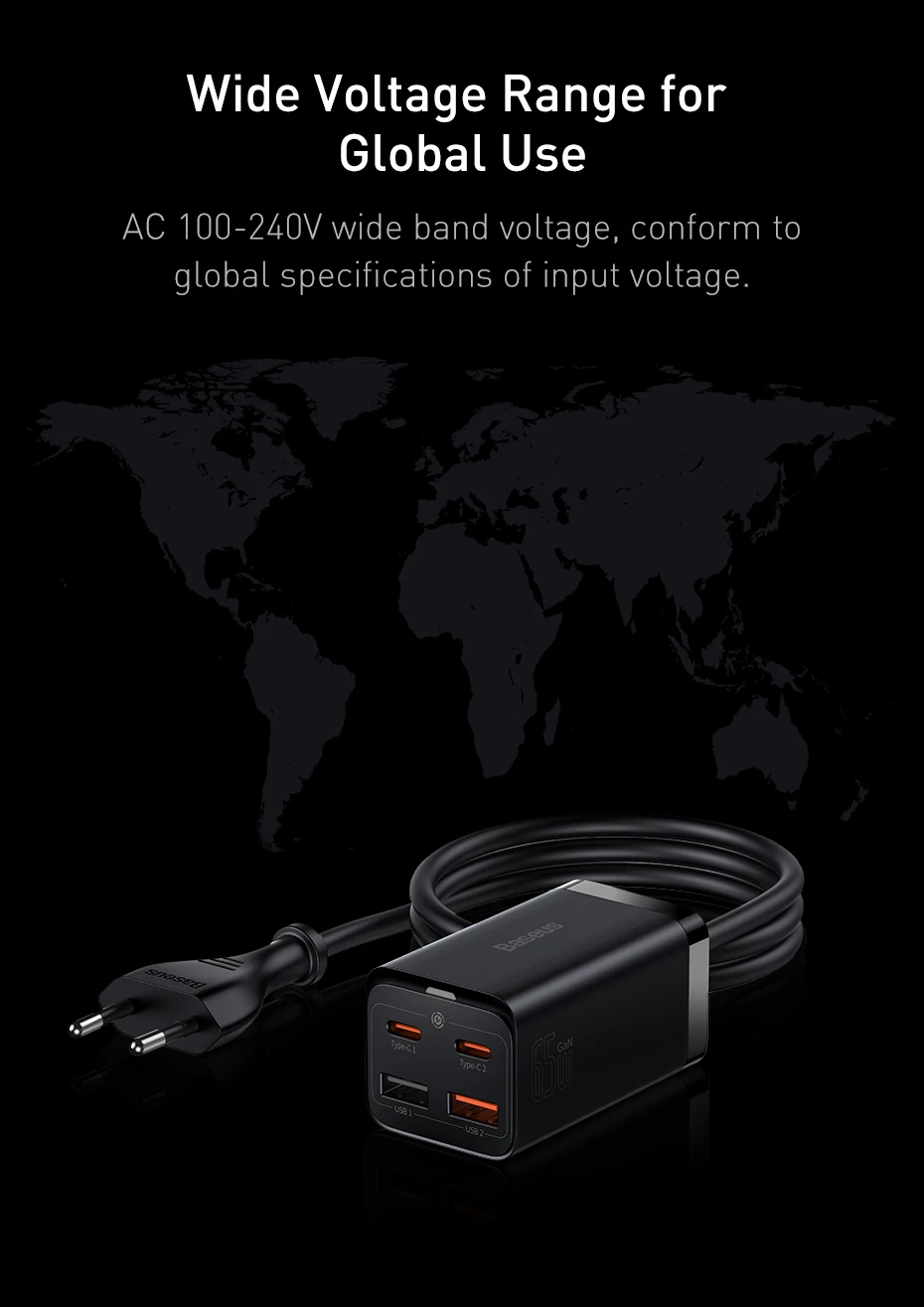 Baseus 4-in-1 65W Desktop Charger For Laptop Tablet Fast Charger For Samsung S24 Xiaomi Redmi iPhone Phone Charger GaN Charger