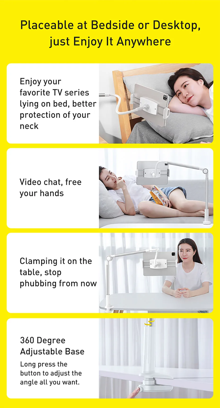 Baseus Mobile Phone Holder Lazy Tablet Stand for iPhone 16 15 14 Pro Max Bed Desktop Clip Long Arm Table Bracket for iPad Holder