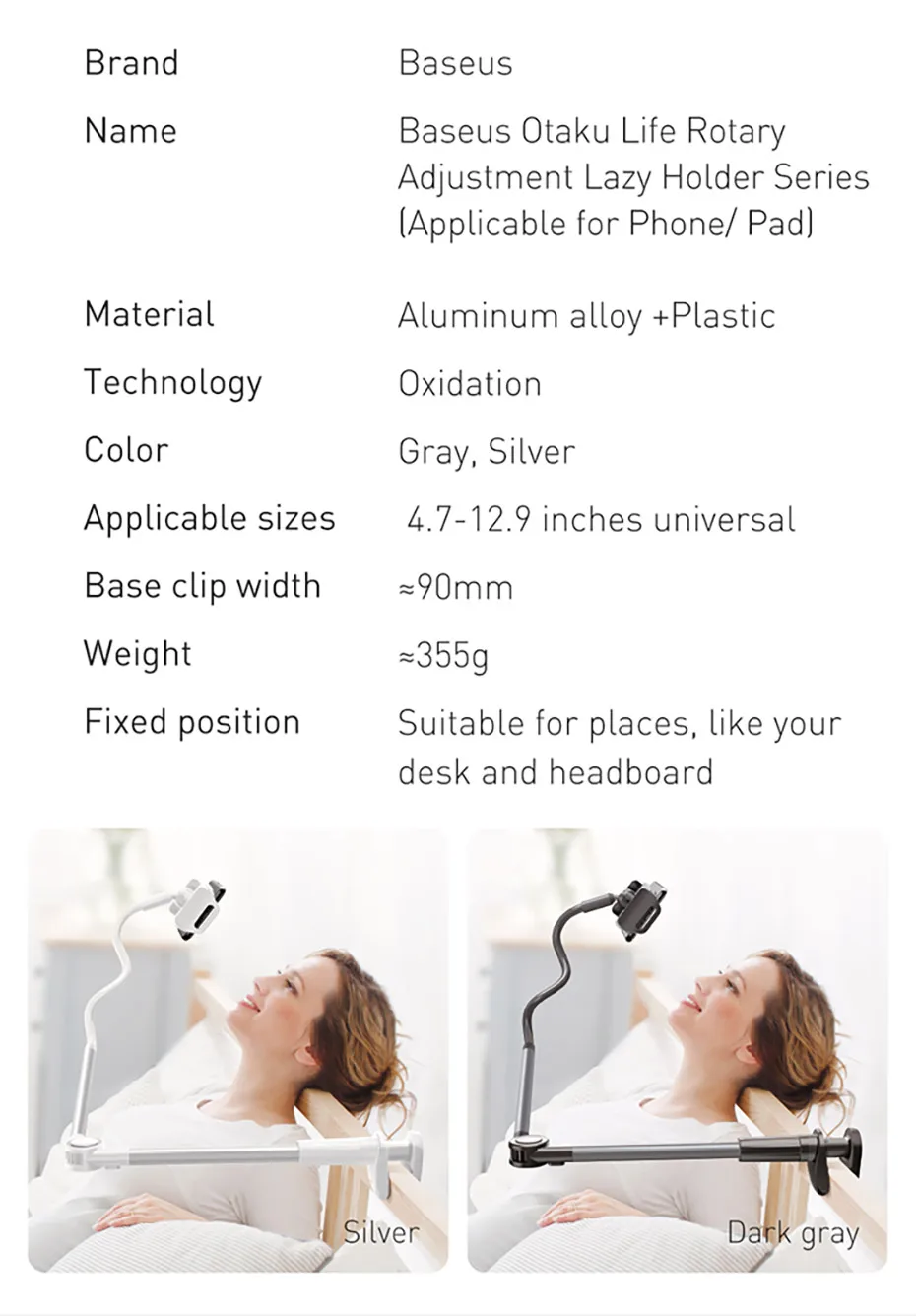 Baseus Mobile Phone Holder Lazy Tablet Stand for iPhone 16 15 14 Pro Max Bed Desktop Clip Long Arm Table Bracket for iPad Holder