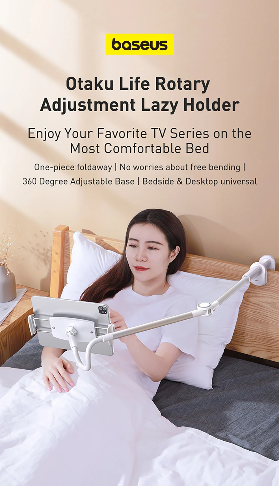 Baseus Mobile Phone Holder Lazy Tablet Stand for iPhone 16 15 14 Pro Max Bed Desktop Clip Long Arm Table Bracket for iPad Holder