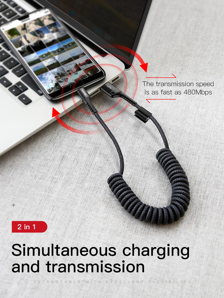 Baseus Spring USB Type C Cable for Xiaomi Mi 10 Huawei P50 Lite Samsung S23 2A USB C Fast Chagrge Cable Retractable Type C Cable