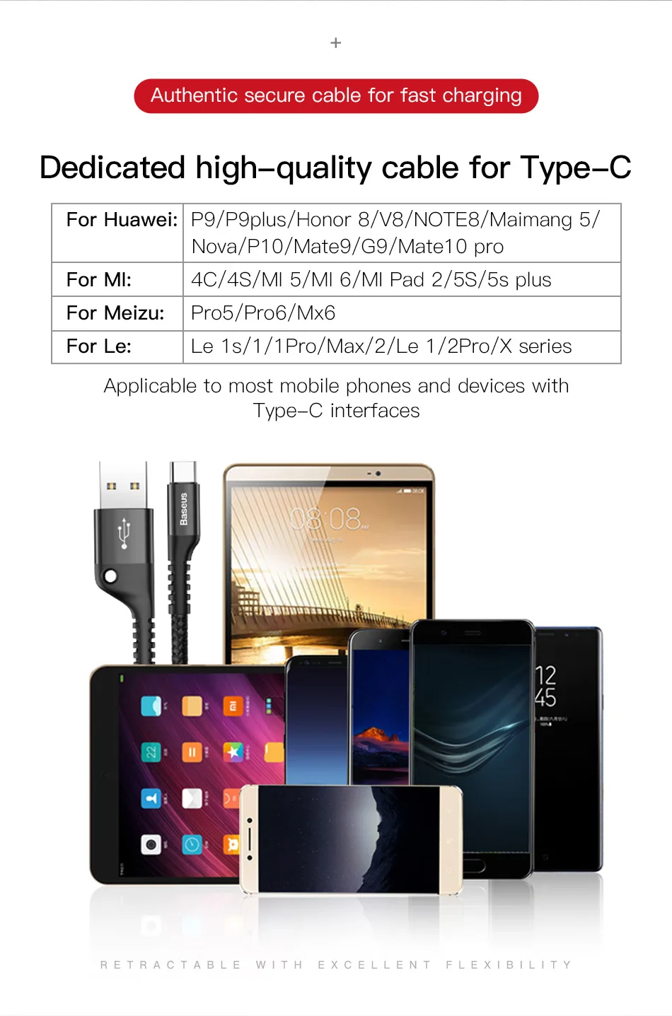 Baseus Spring USB Type C Cable for Xiaomi Mi 10 Huawei P50 Lite Samsung S23 2A USB C Fast Chagrge Cable Retractable Type C Cable