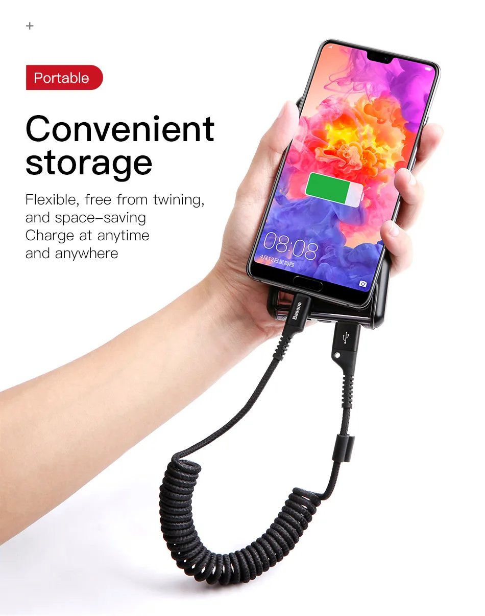 Baseus Spring USB Type C Cable for Xiaomi Mi 10 Huawei P50 Lite Samsung S23 2A USB C Fast Chagrge Cable Retractable Type C Cable