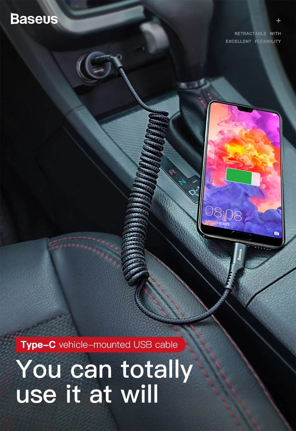 Baseus Spring USB Type C Cable for Xiaomi Mi 10 Huawei P50 Lite Samsung S23 2A USB C Fast Chagrge Cable Retractable Type C Cable