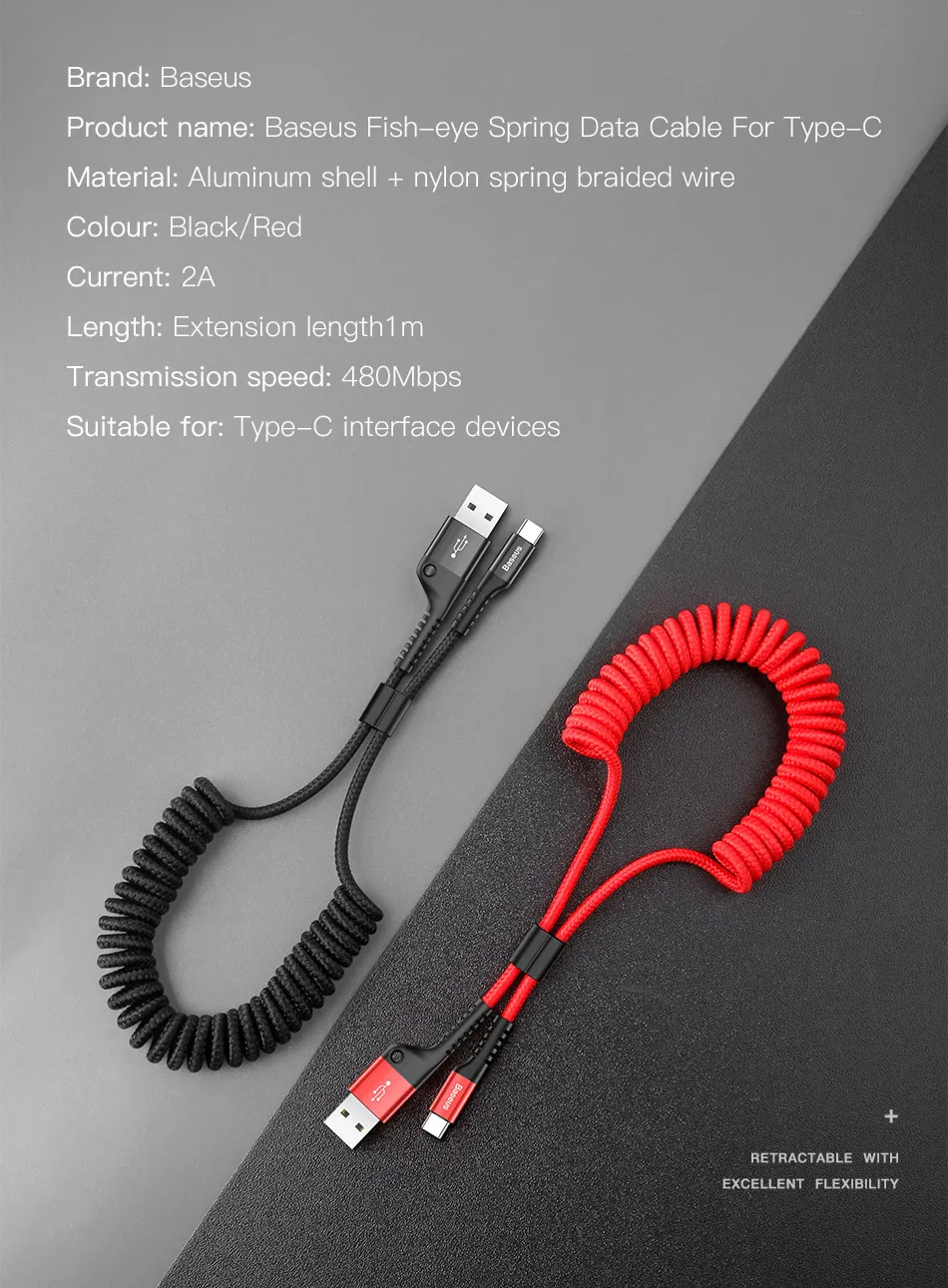Baseus Spring USB Type C Cable for Xiaomi Mi 10 Huawei P50 Lite Samsung S23 2A USB C Fast Chagrge Cable Retractable Type C Cable