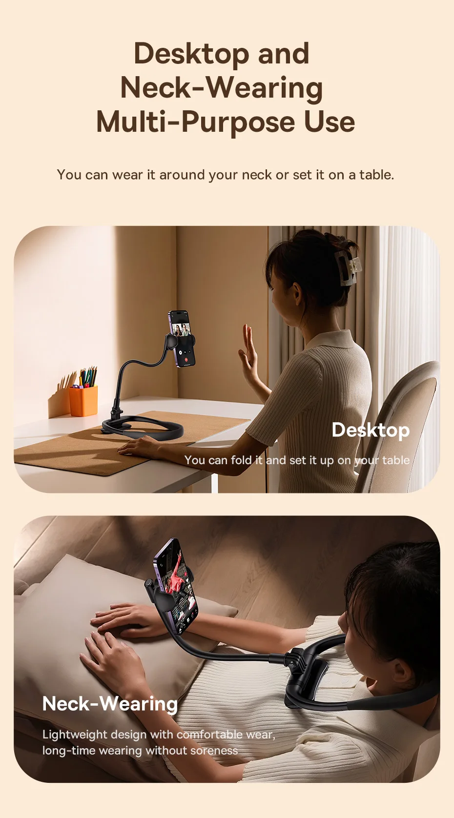 Baseus Flexible Universal Neck Phone Holder Hanging Neck Lazy Necklace Cell Phone Desk Mount Bracket for iPhone 16 15 14 Pro Max