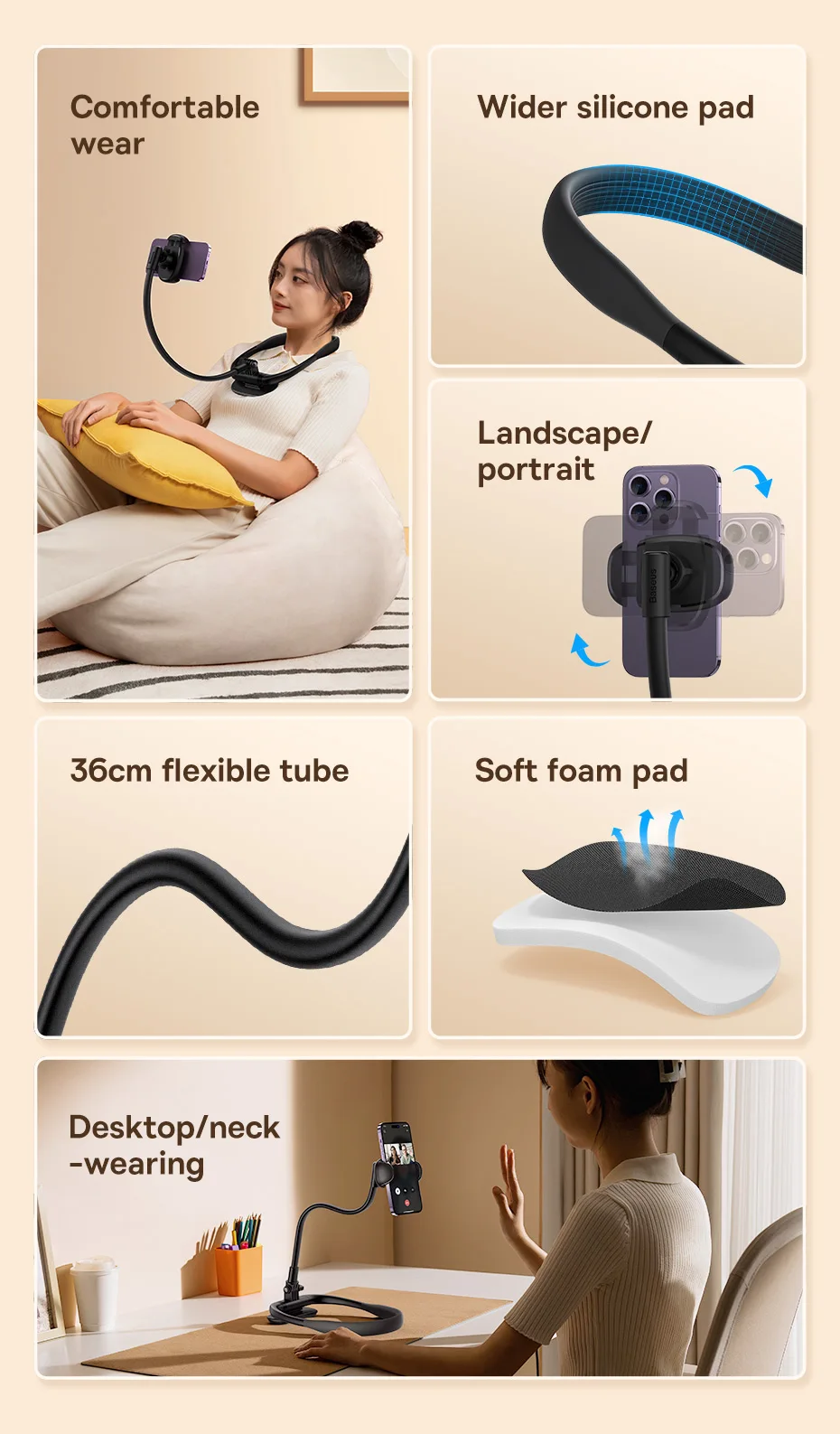 Baseus Flexible Universal Neck Phone Holder Hanging Neck Lazy Necklace Cell Phone Desk Mount Bracket for iPhone 16 15 14 Pro Max
