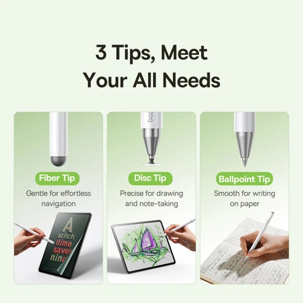 Baseus Smooth Writing 3-in-1 Passive Stylus Pen - Fiber, Ballpoint & Disc Tip for All Devices - Image 2