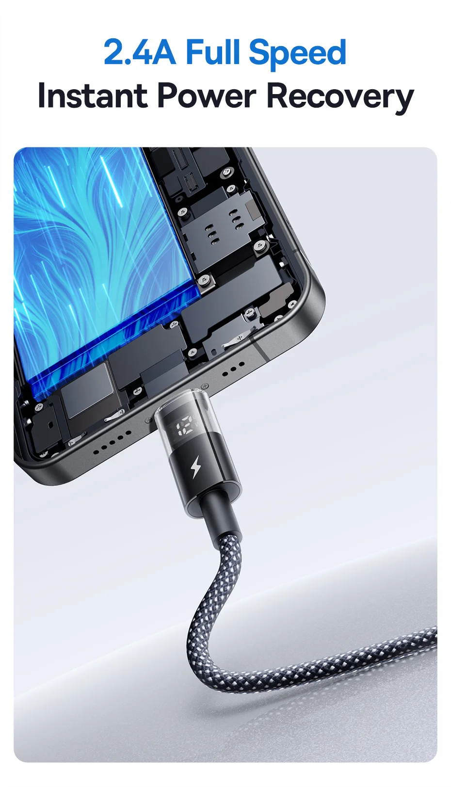 Baseus 2.4A USB Cable For iPhone 14 13 12 LED Display USB Cable for iPad Pro Fast Charging Data Wire For iPhone 7 6S