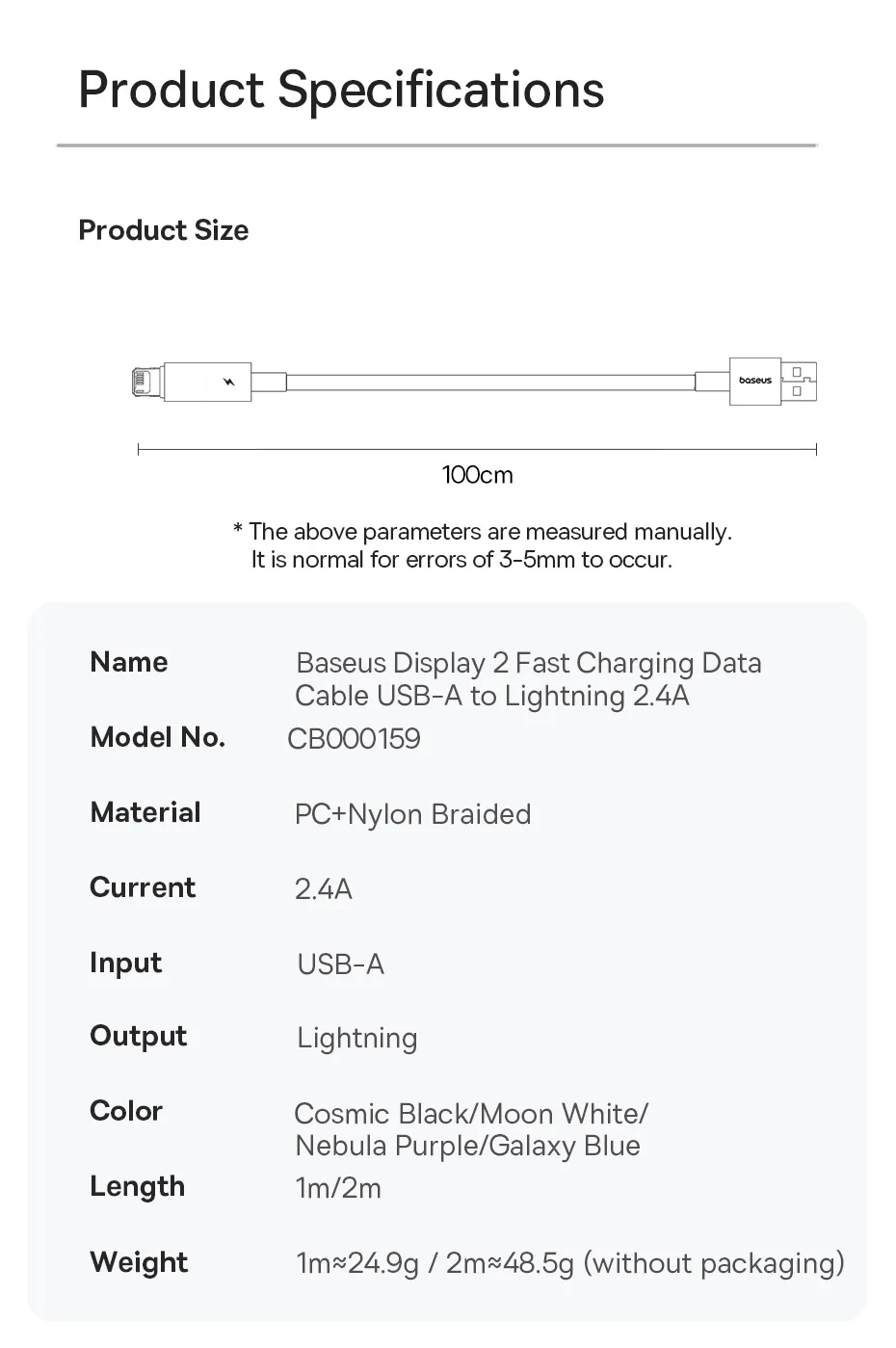 Baseus 2.4A USB Cable For iPhone 14 13 12 LED Display USB Cable for iPad Pro Fast Charging Data Wire For iPhone 7 6S