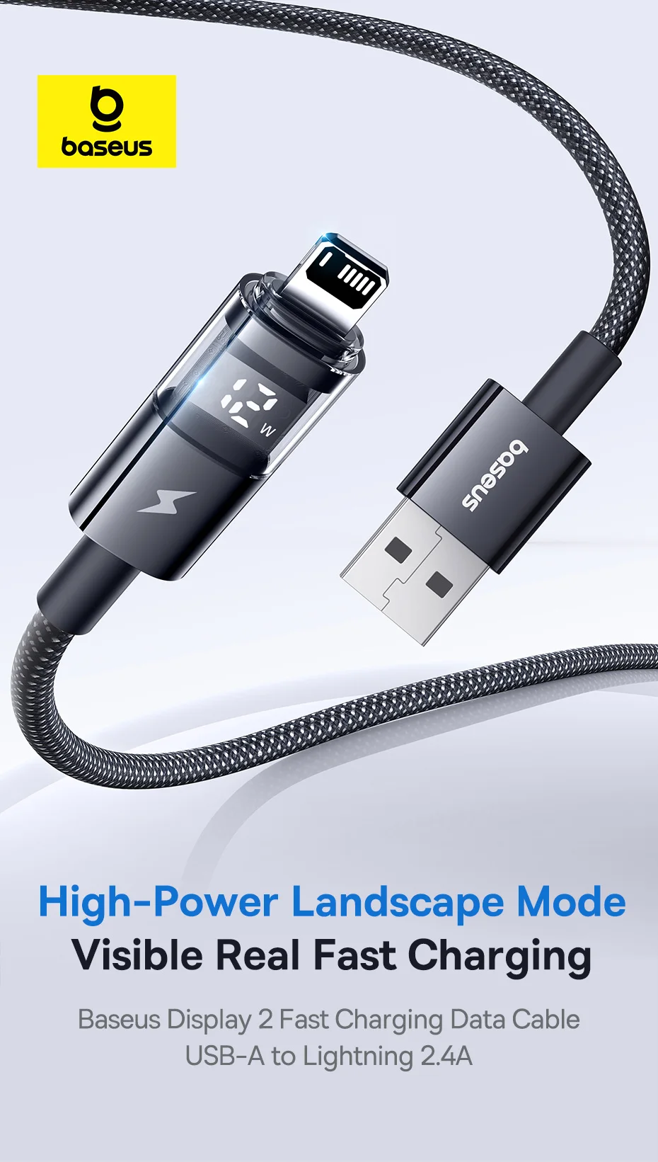 Baseus 2.4A USB Cable For iPhone 14 13 12 LED Display USB Cable for iPad Pro Fast Charging Data Wire For iPhone 7 6S