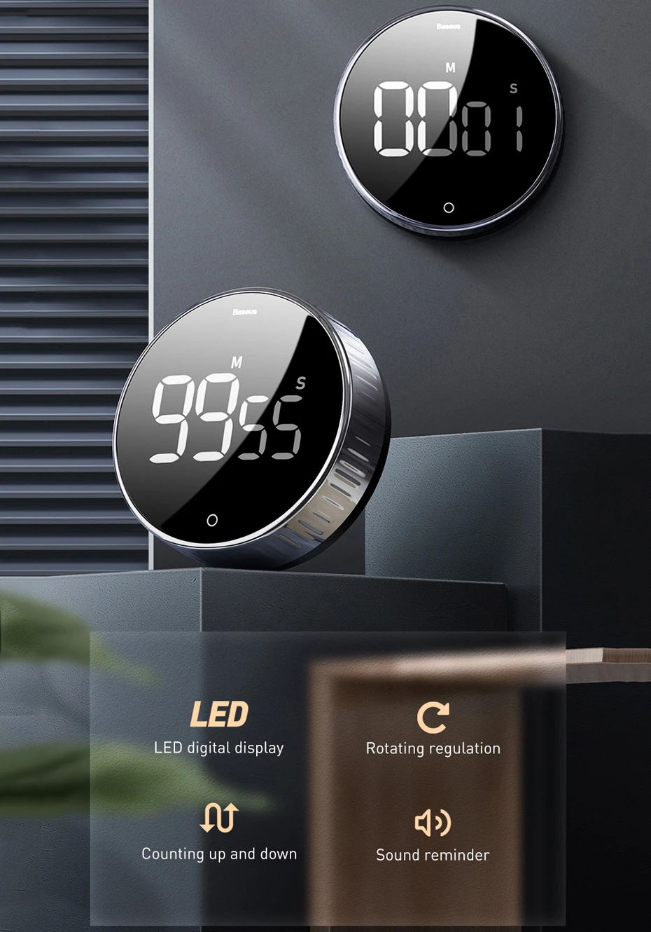 Baseus Magnetic Kitchen Timer Rotation Countdown Digital Timer Alarm Cooking Timer Clock Study Baking Reminder Stopwatch Clock