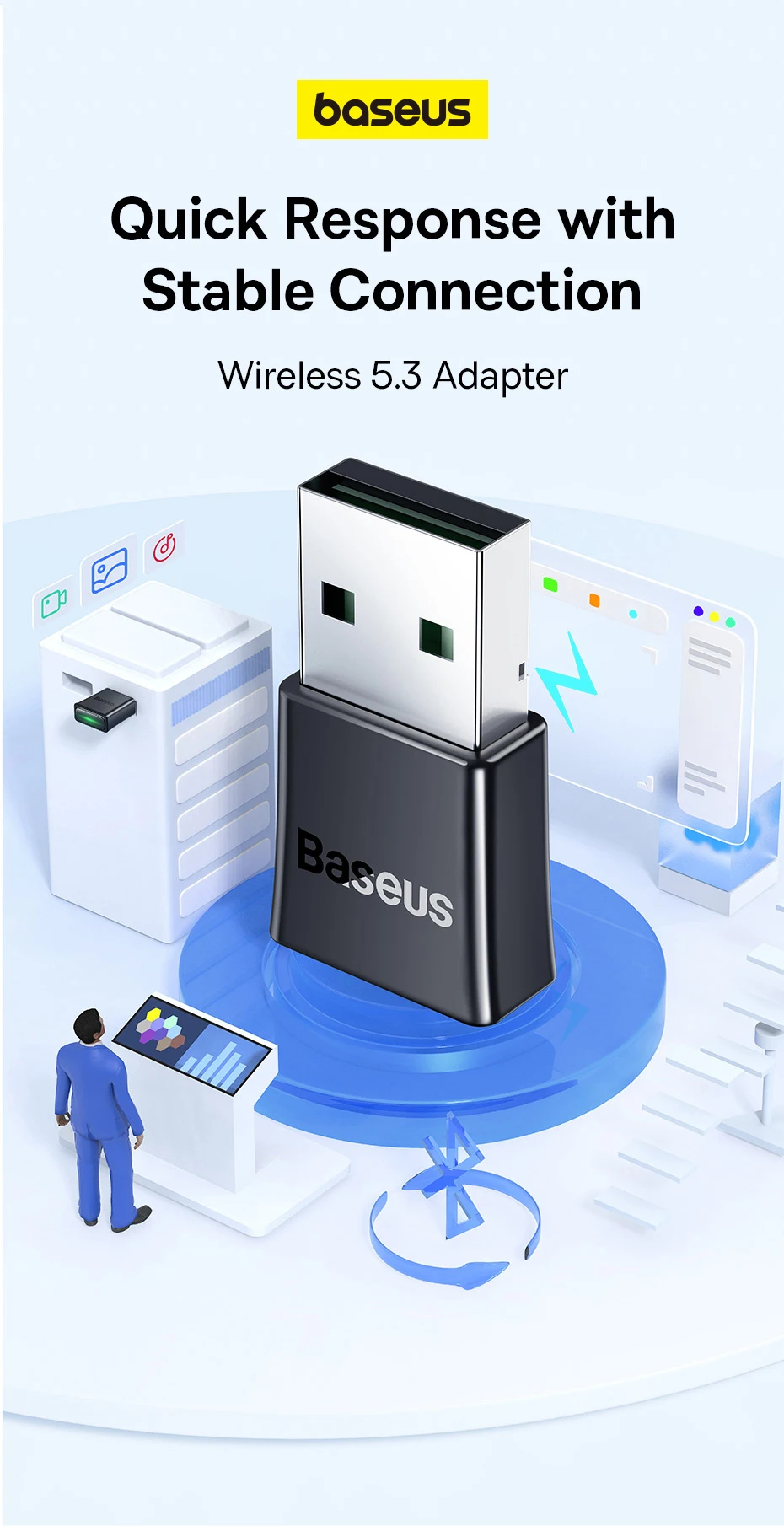 Baseus BA07 USB Bluetooth Adapter Bluetooth 5.3 Dongle Adaptador for PC Laptop Wireless Speaker Audio Receiver USB Transmitter