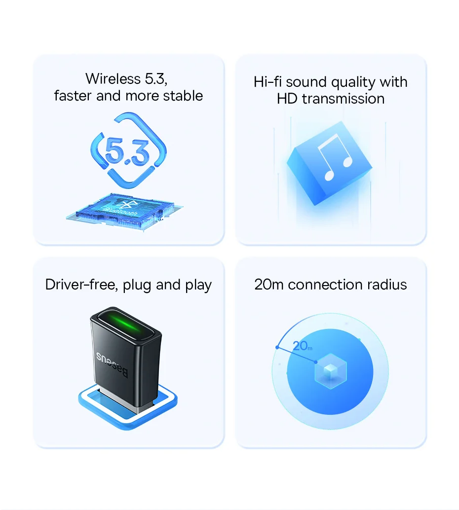 Baseus BA07 USB Bluetooth Adapter Bluetooth 5.3 Dongle Adaptador for PC Laptop Wireless Speaker Audio Receiver USB Transmitter