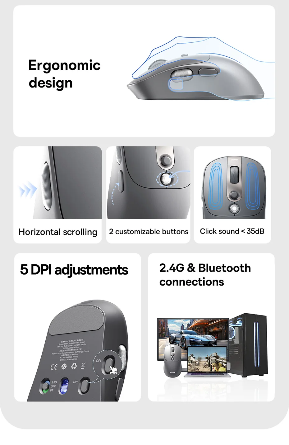 Baseus Wireless Mouse Editor Pro Bluetooth 5.1 Dual Mode Long Battery Life Rechargeable Office Ergonomic Screen Display Mouse