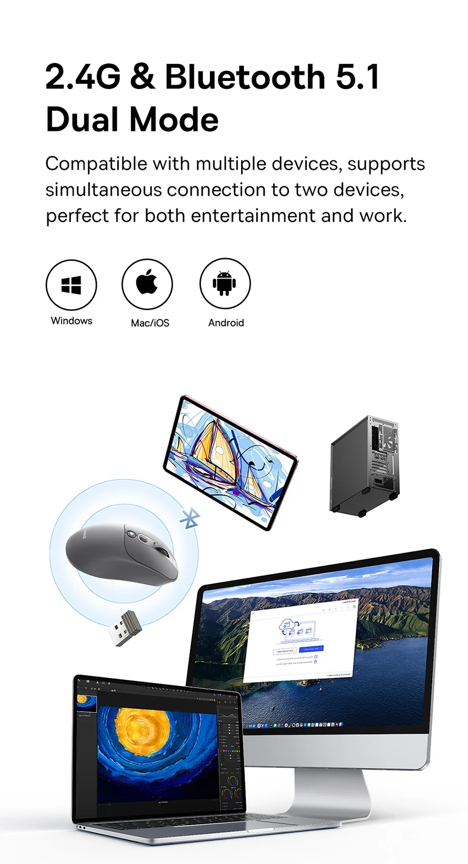 Baseus Wireless Mouse Editor Pro Bluetooth 5.1 Dual Mode Long Battery Life Rechargeable Office Ergonomic Screen Display Mouse