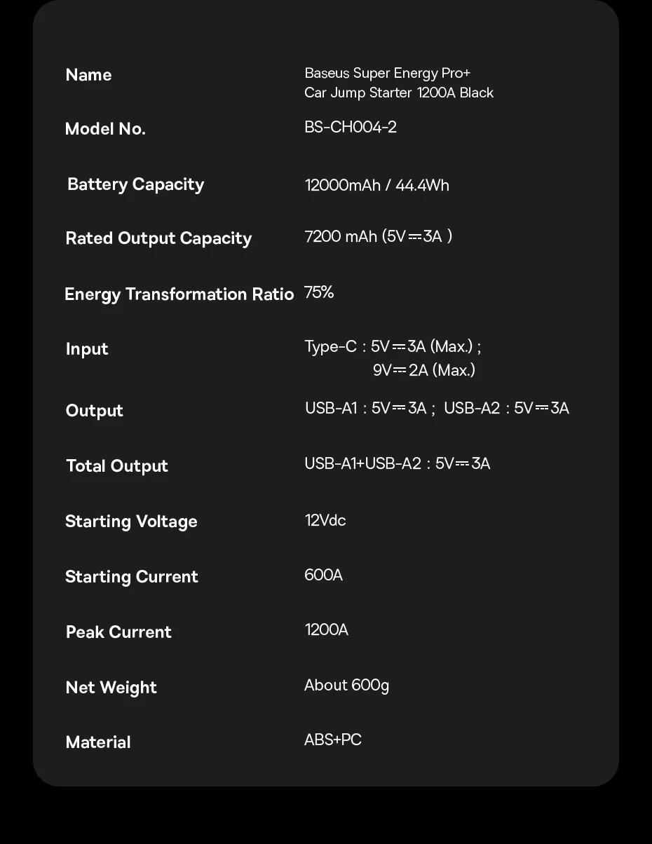 Baseus 1200A Jump Starter Portable Car Starting Booster 12000mAh Emergency Car Jump Starter Power Bank for Car Battery Starting