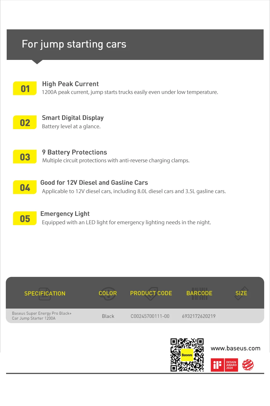 Baseus 1200A Jump Starter Portable Car Starting Booster 12000mAh Emergency Car Jump Starter Power Bank for Car Battery Starting