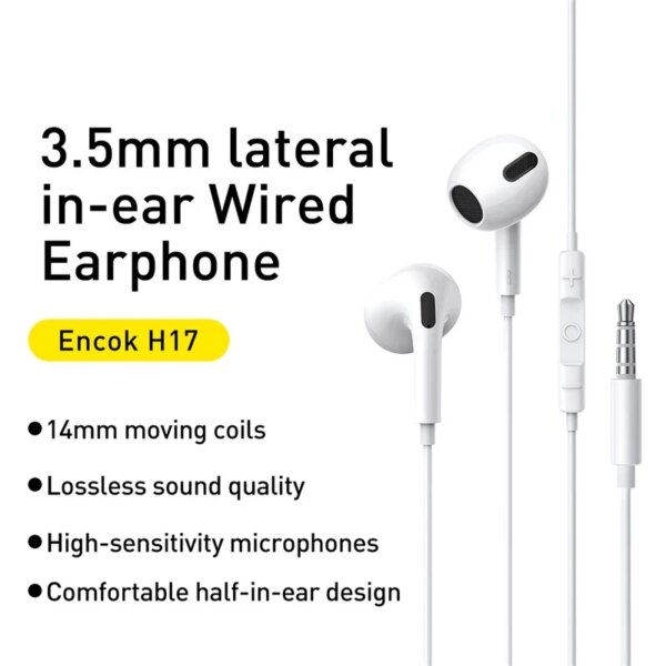 Baseus 14mm Moving Coil Stereo Earbuds with Microphone Comfortable Half-In-Ear Design - Image 6