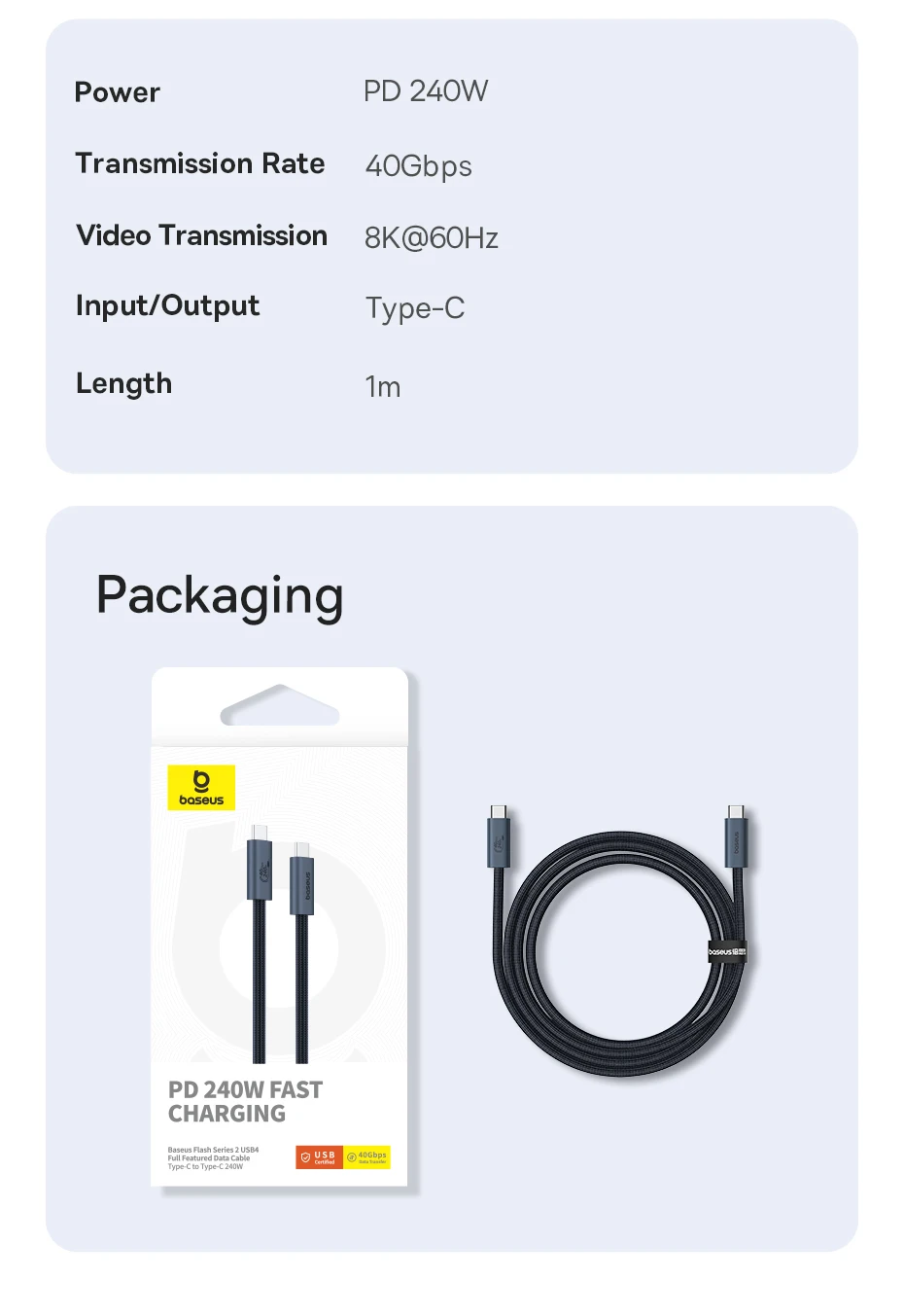 Baseus 240W USB 3.1 40Gbps USB C Cable For iPhone 15 Promax 8K/60HZ Type C to Type C Data Cable USB C Cable For MacBook