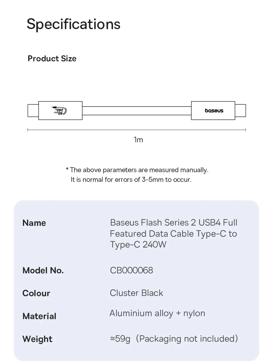 Baseus 240W USB 3.1 40Gbps USB C Cable For iPhone 15 Promax 8K/60HZ Type C to Type C Data Cable USB C Cable For MacBook