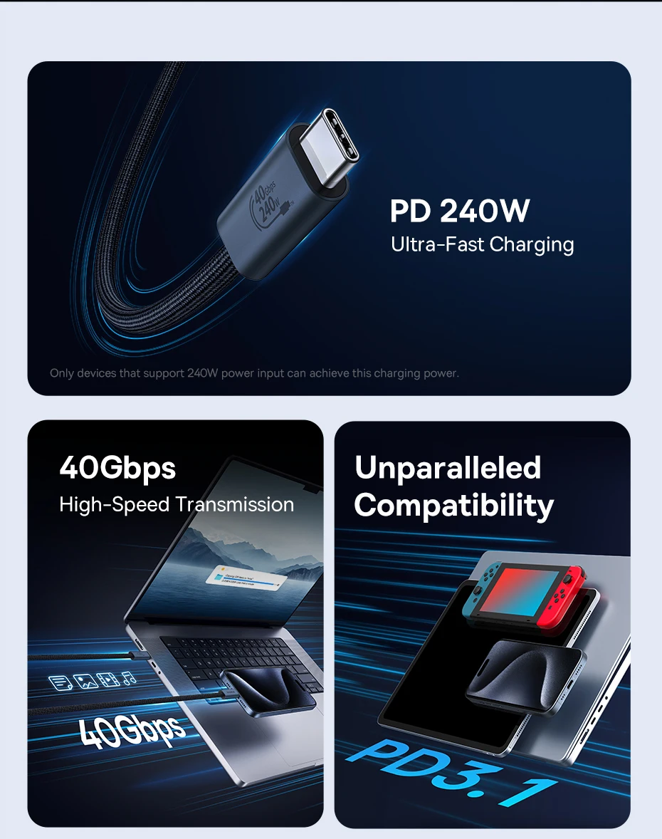 Baseus 240W USB 3.1 40Gbps USB C Cable For iPhone 15 Promax 8K/60HZ Type C to Type C Data Cable USB C Cable For MacBook