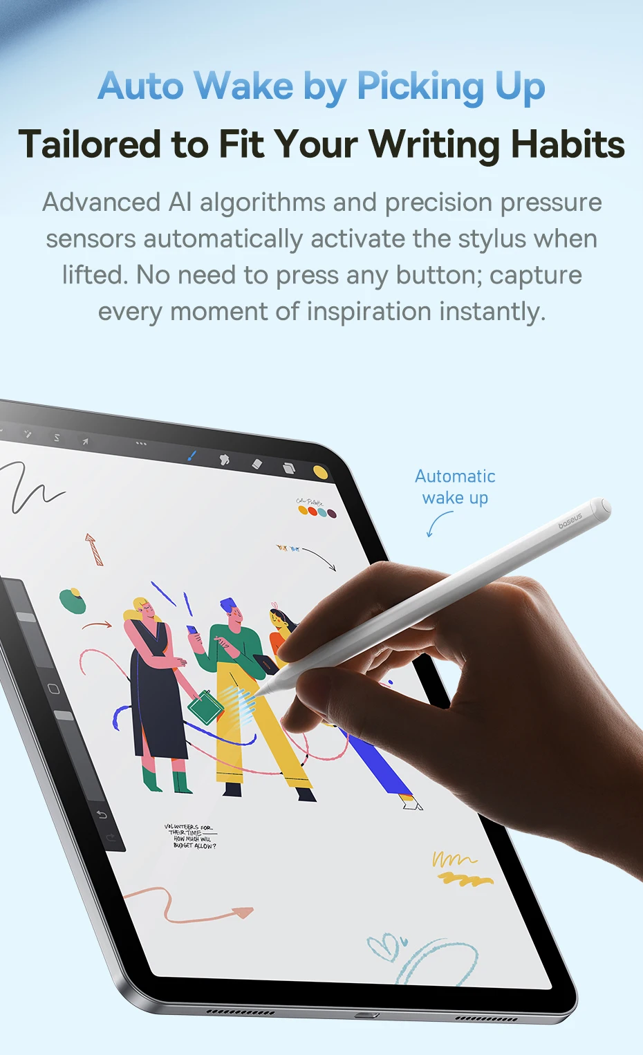 Baseus 3rd Gen Stylus Pens for iPad 2018-2022 Apple Pencil Bluetooth Magnetic Wireless Charging Tilt Sensitive Palm Rejection