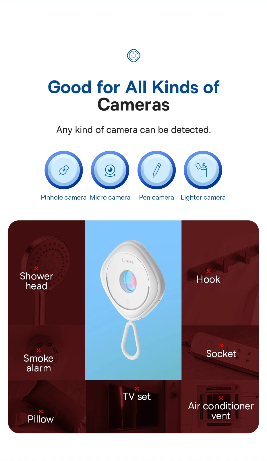 Baseus Camera Detector for Hidden Camera Portable Pinhole Lens Detect Gadget Anti-Peeping Security Protect Anti Candid Detector