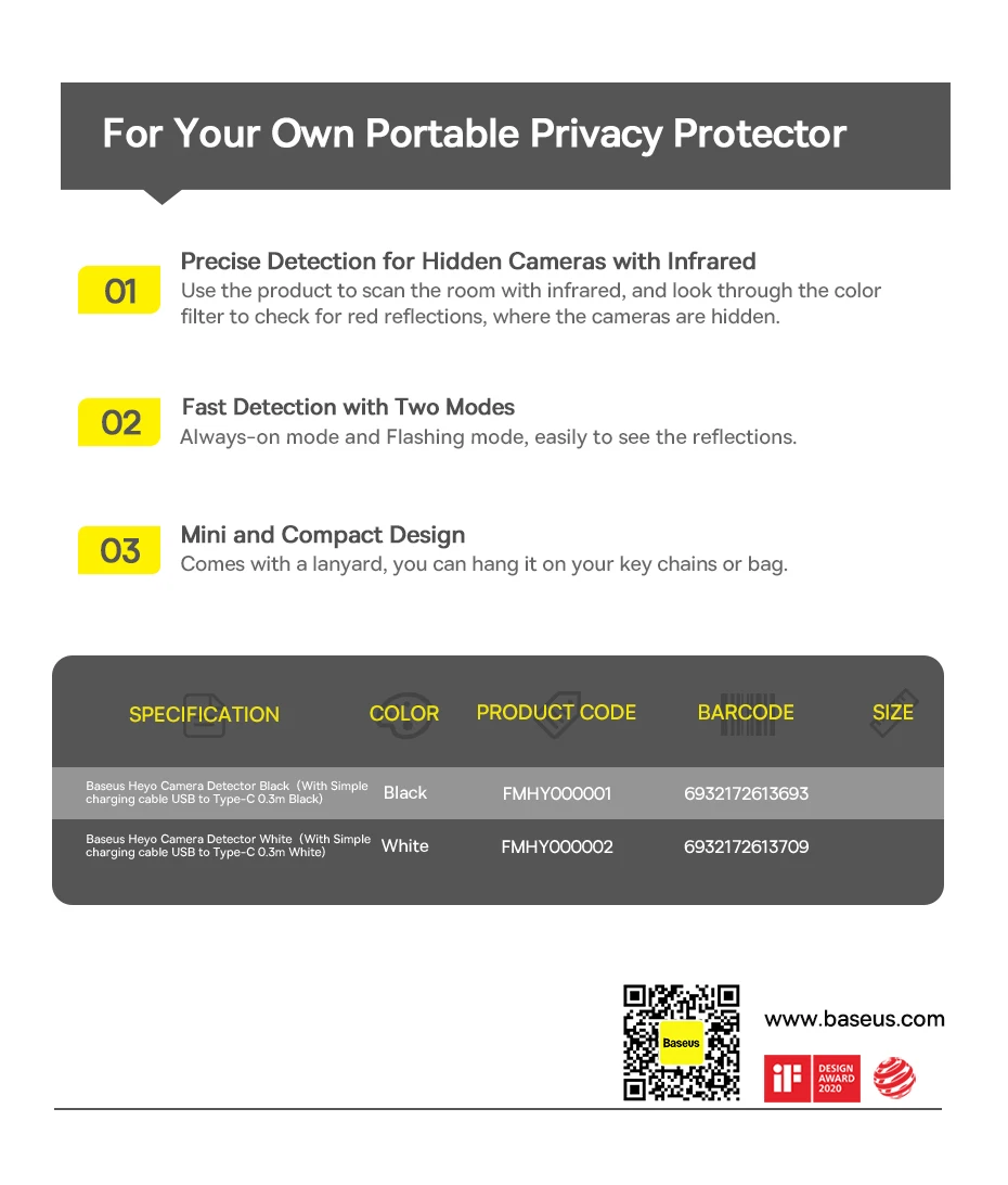 Baseus Camera Detector for Hidden Camera Portable Pinhole Lens Detect Gadget Anti-Peeping Security Protect Anti Candid Detector