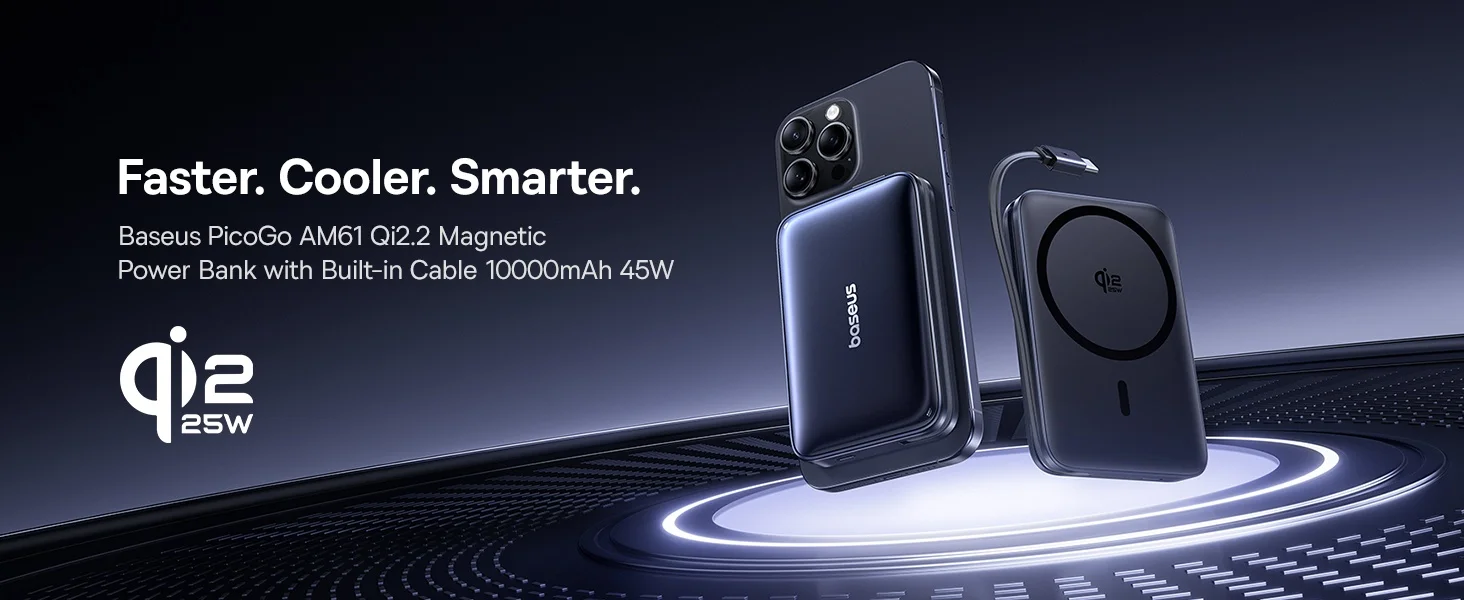 Baseus 10000mAh 45W Power Bank For Qi2.2 25W MagSafe Magnetic Wireless Charging Built-In USB-C Cable For iPhone 17 Samsung S25