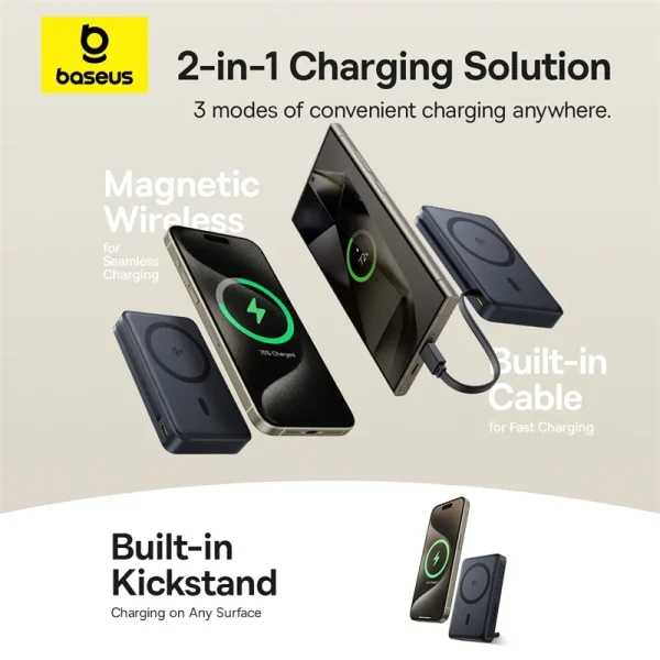 Baseus Nomos Qi2 3-in-1 Magnetic Power Bank 10000mAh with Built-in Cable 45W - Image 2